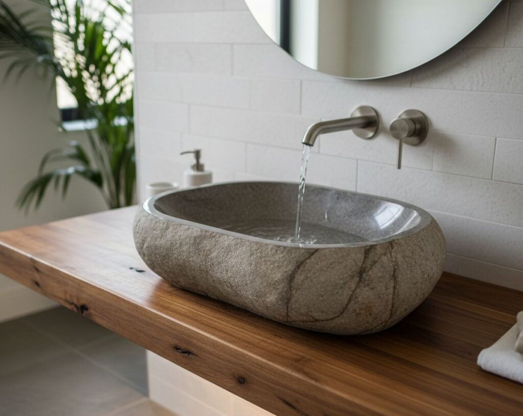 Vasque à Poser Design BATHCO Haut De Gamme – Lavabo Rond En Pierre Noire Et Métal, Style Art Nouveau, Pour Salle De Bain